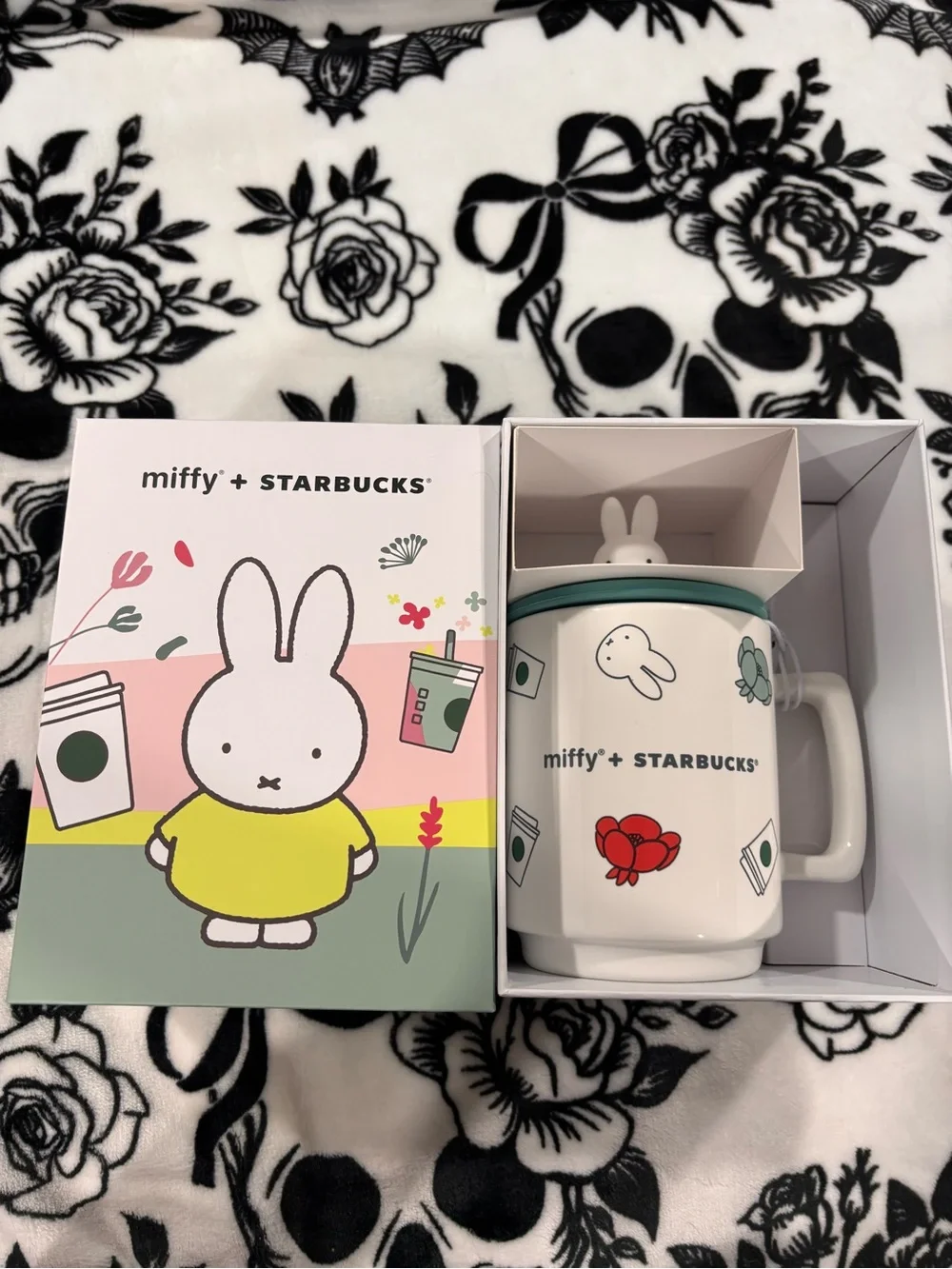Miffy x Starbucks White Ceramic Mug with Teal Lid and Red Flower